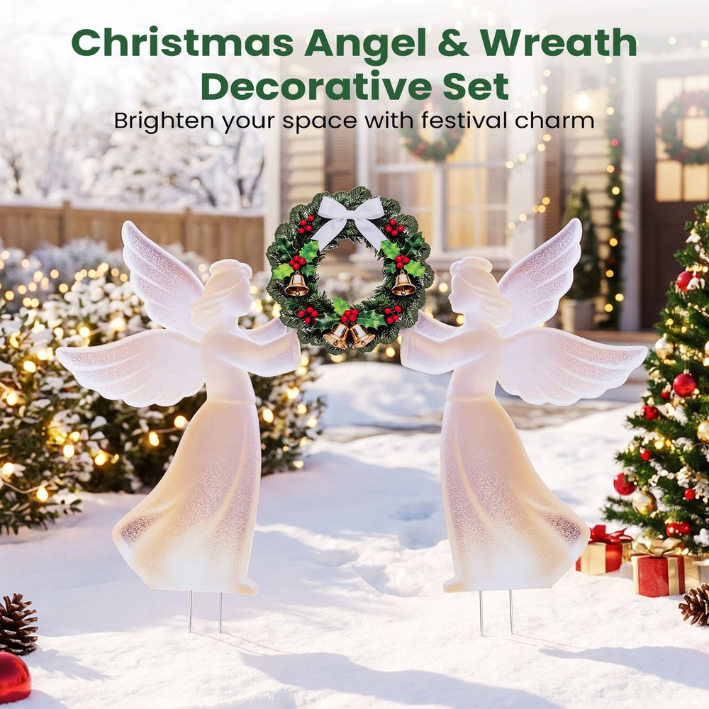 Pink weather-resistant PVC Christmas angel decoration and wreath set for festive outdoor holiday charm and easy assembly.