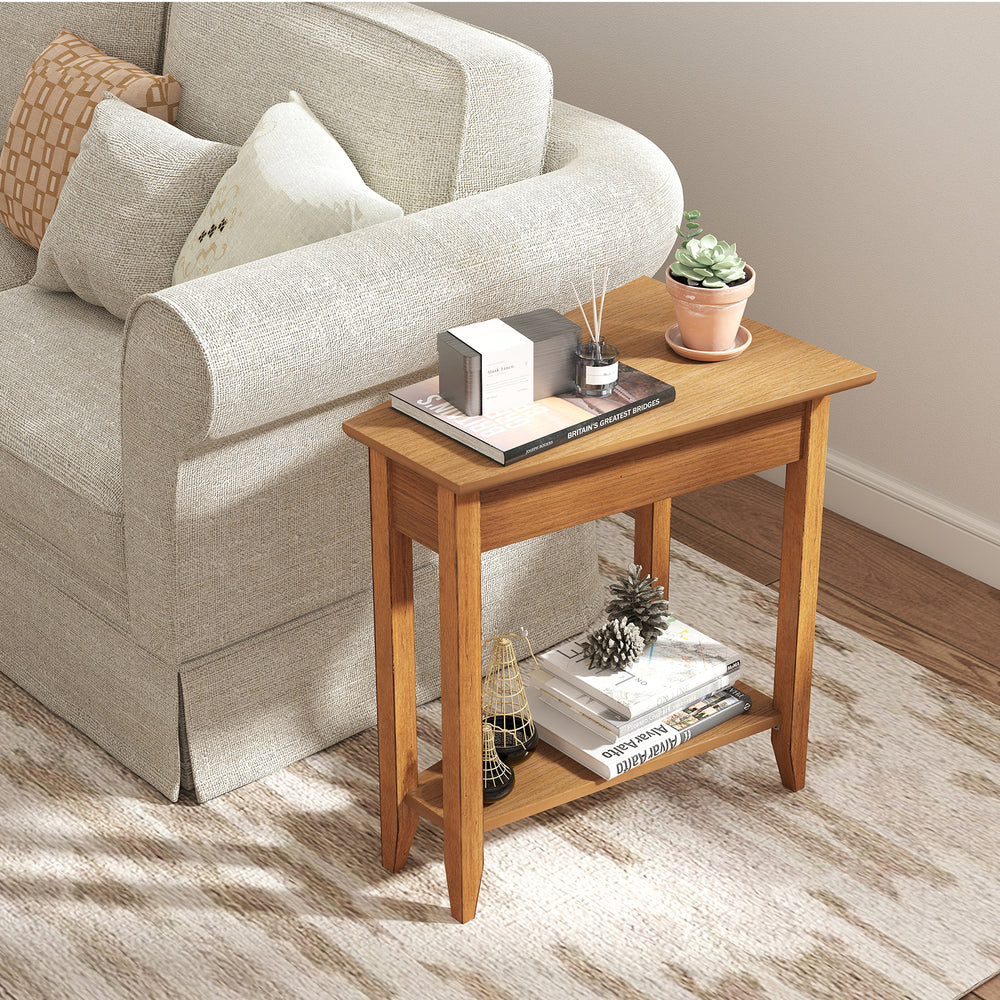 2-Tier Wedge Narrow End Table with Storage Shelf and Solid Wood Legs-Walnut - Gallery View 1 of 10