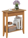 Narrow 2-tier end table in walnut with solid wood legs, featuring a storage shelf for organized living spaces.