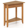 Wedge narrow end table in walnut with solid rubber wood legs, featuring a wide tabletop and bottom storage shelf.