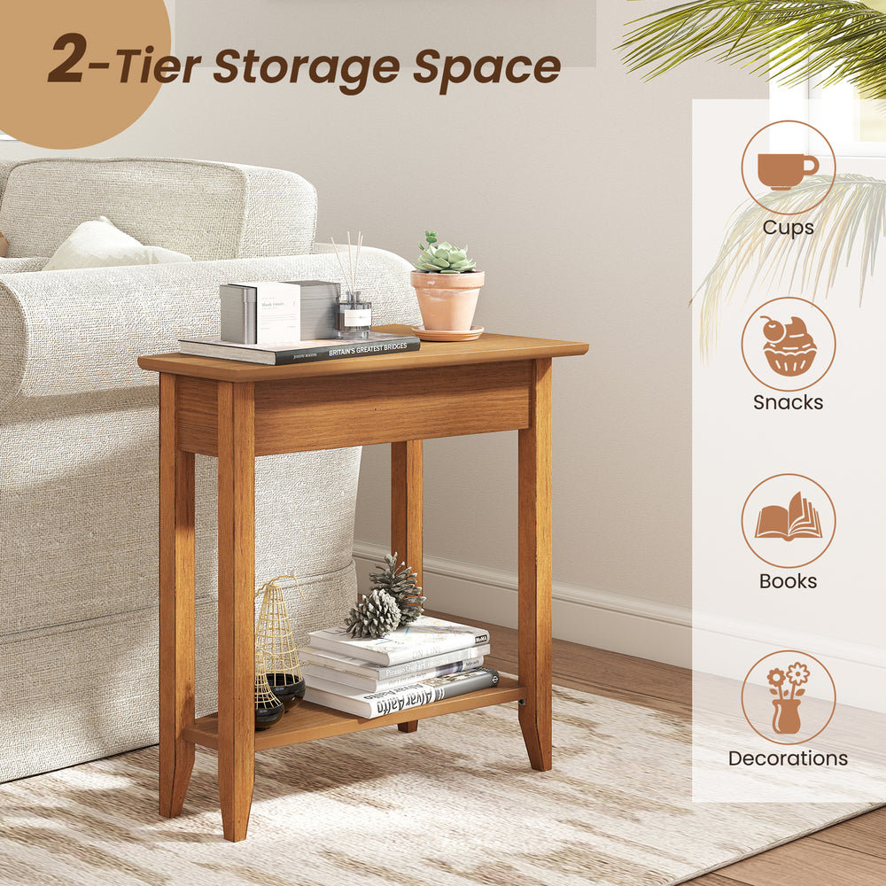 2-Tier wedge narrow end table in walnut with solid wood legs, perfect for small spaces in living rooms or bedrooms.