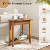 2-Tier wedge narrow end table in walnut with solid wood legs, perfect for small spaces in living rooms or bedrooms.