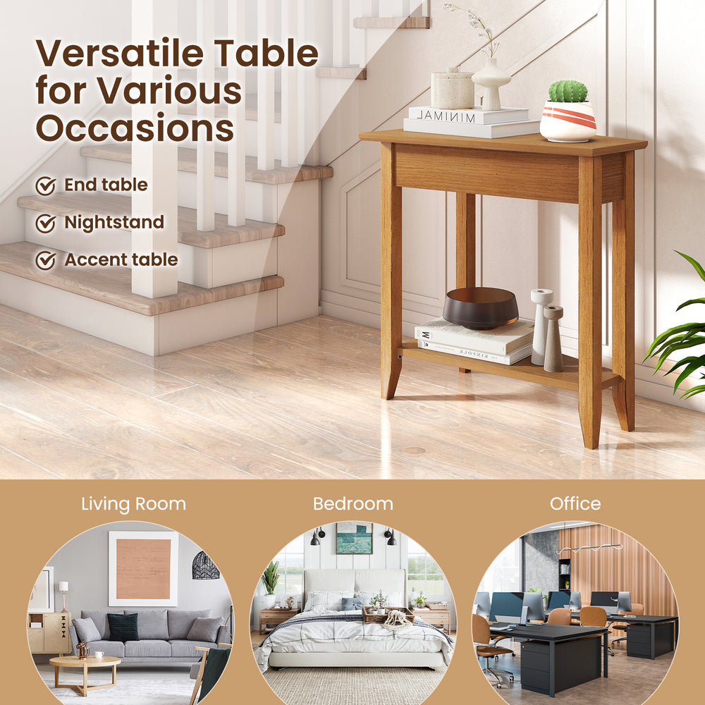 Narrow 2-tier end table in walnut with solid wood legs, perfect for living room, bedroom, or office use.