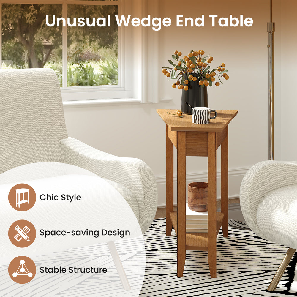 Wedge end table with walnut finish, solid rubber wood legs, and storage shelf, perfect for small spaces in any room.
