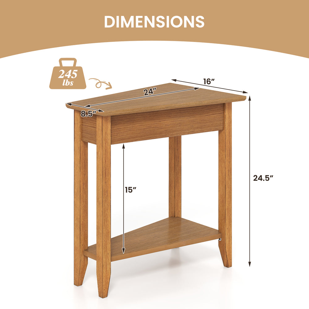 2-tier wedge narrow end table in walnut with solid wood legs, dimensions 24"x16"x24.5", ideal for small spaces.