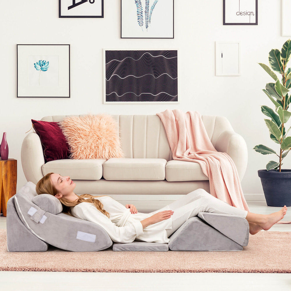 Orthopedic bed wedge pillow set in gray, featuring adjustable memory foam for comfort and support, ideal for relaxation.