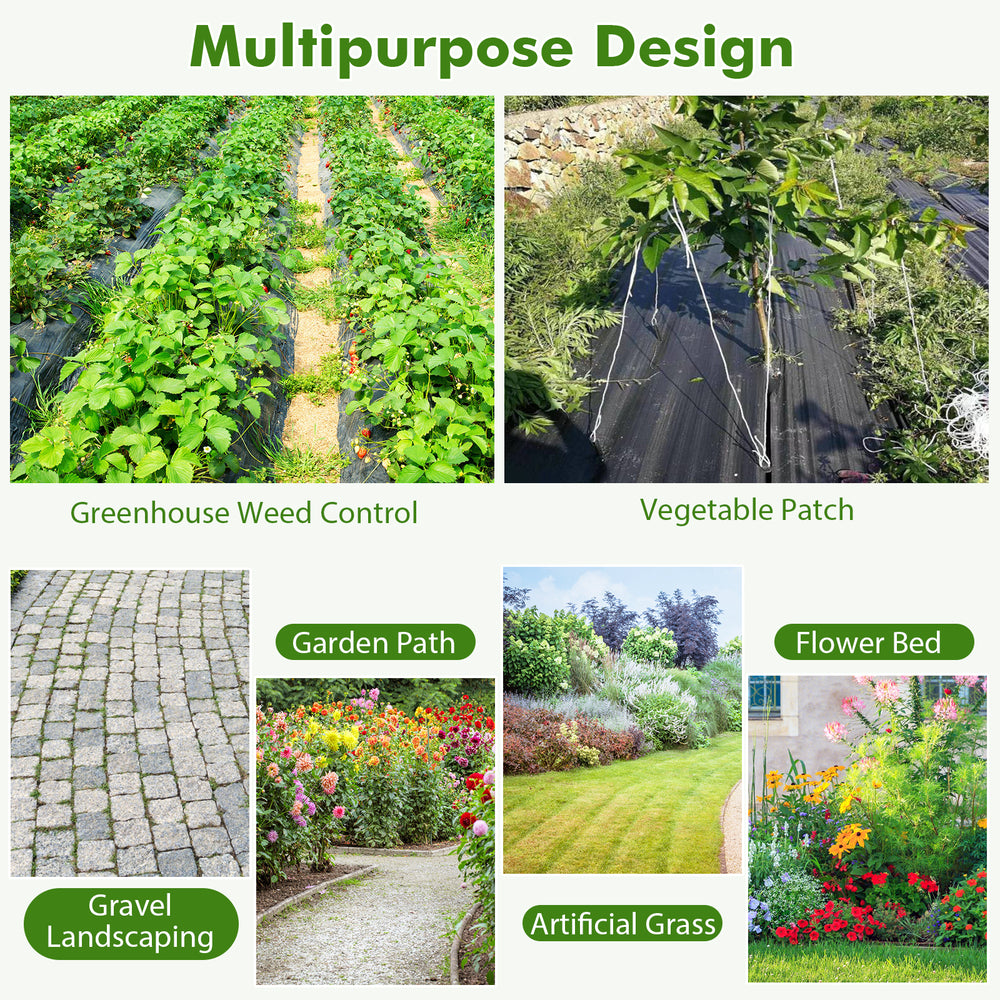 Weed barrier landscape fabric shown in a garden setting, ideal for flower beds, pathways, and vegetable gardens.