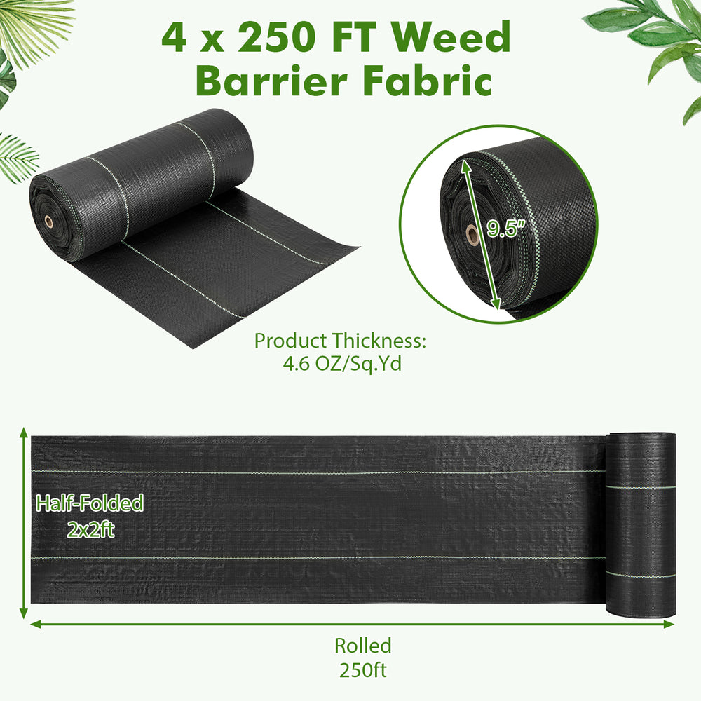 Rolled 250 ft weed barrier landscape fabric, eco-friendly PP material, lightweight, tear-resistant, ideal for garden.