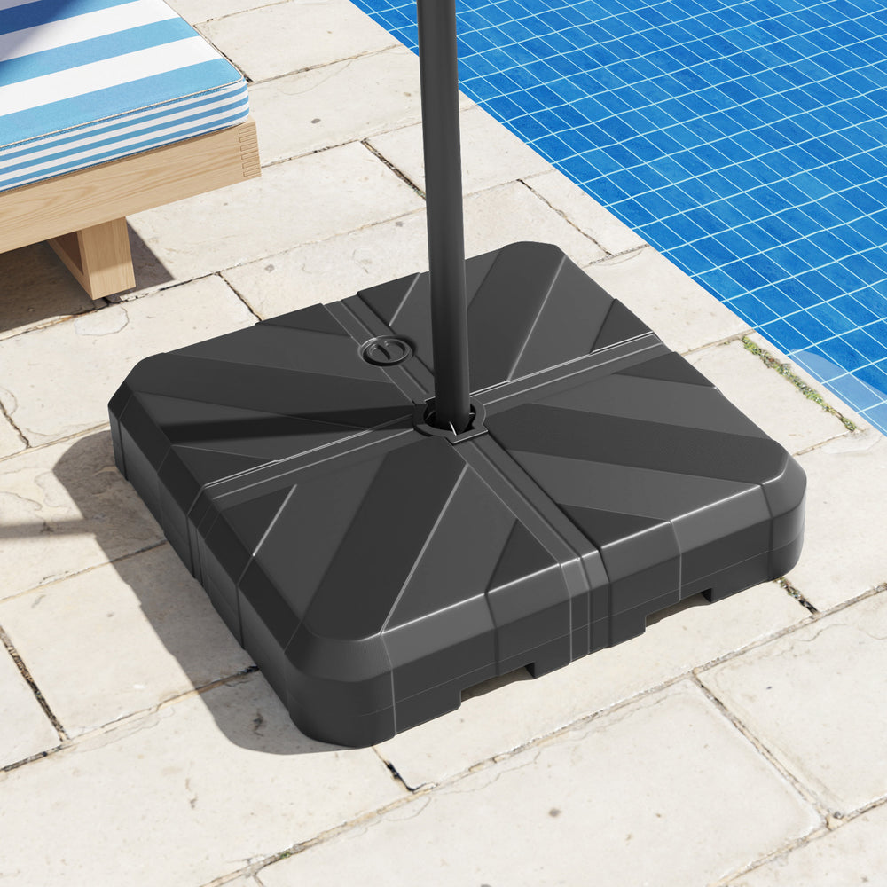 Weighted offset umbrella base with cross bracket, fillable design, and cut-out handles for easy movement by the pool.