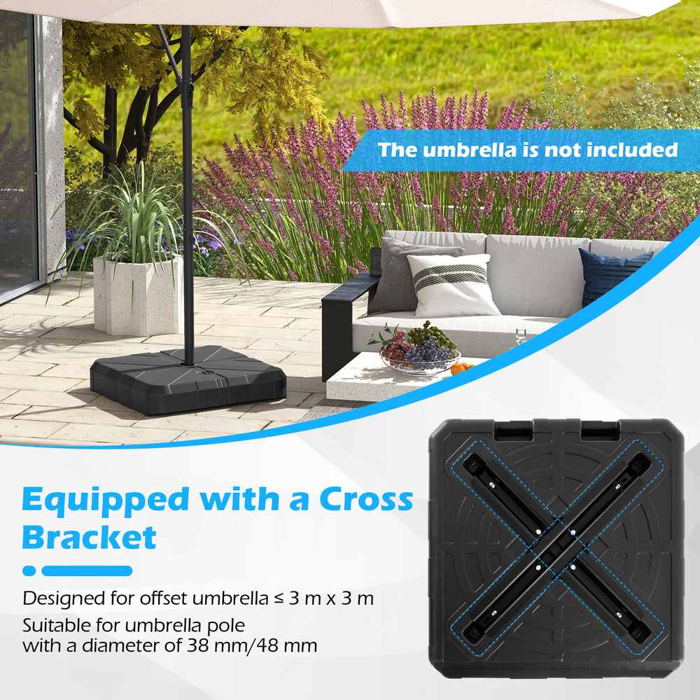 Weighted offset umbrella base with cross bracket, designed for umbrellas up to 10 ft, featuring fillable stability and.