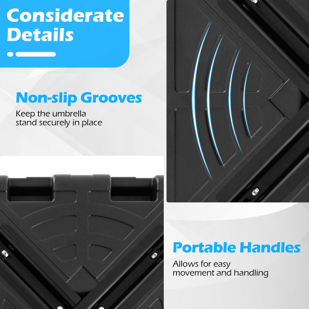 Close-up of the weighted offset umbrella base showing non-slip grooves and portable handles for easy handling.