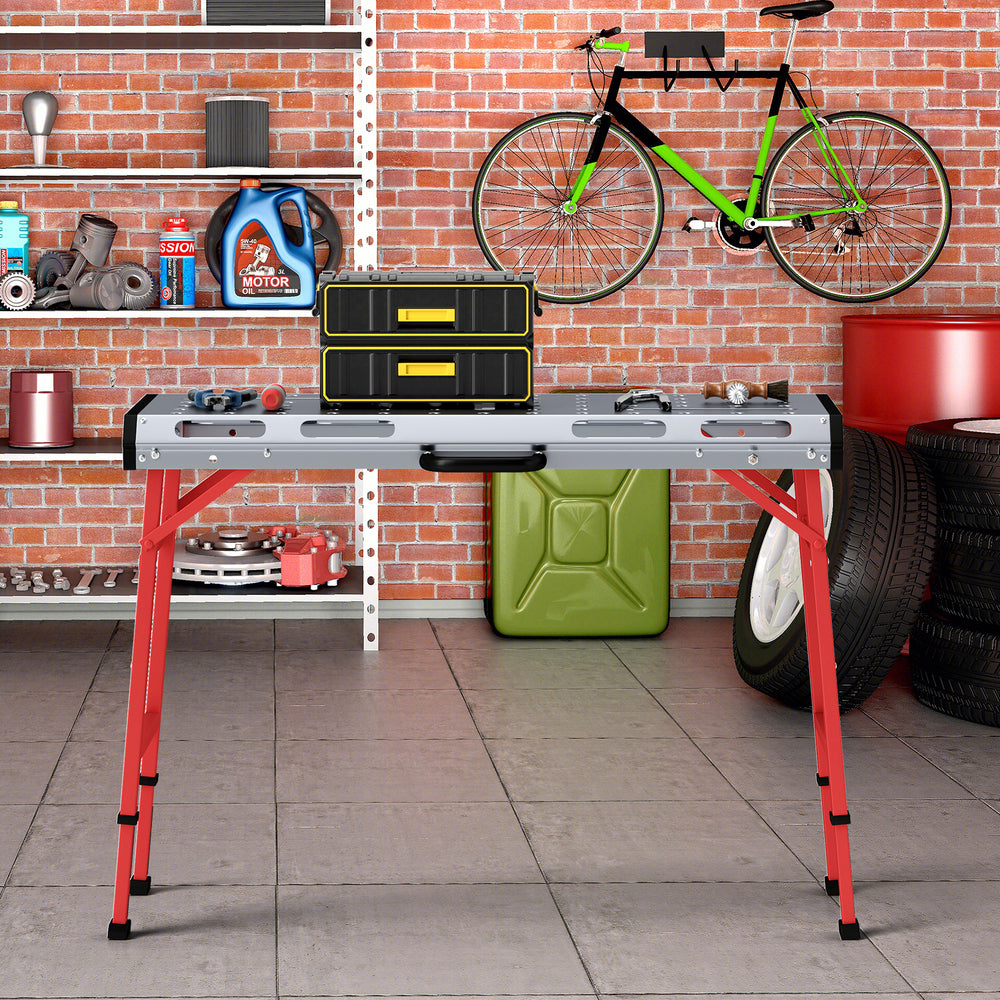 Welding table featuring 5.5" x 1.1" side tool slots and a foldable design for efficient workspace organization.
