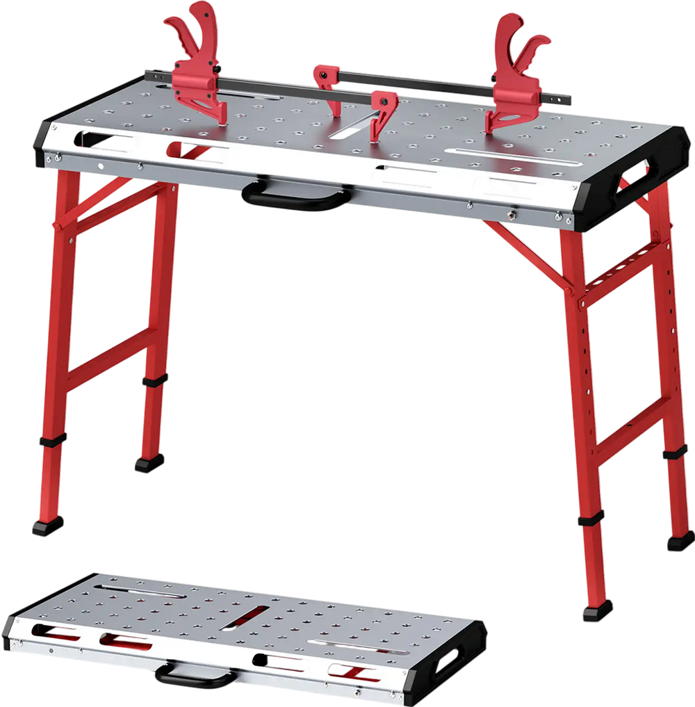 Welding table with adjustable height, 42" x 21" galvanized metal top, and two bar clamps for versatile project support.