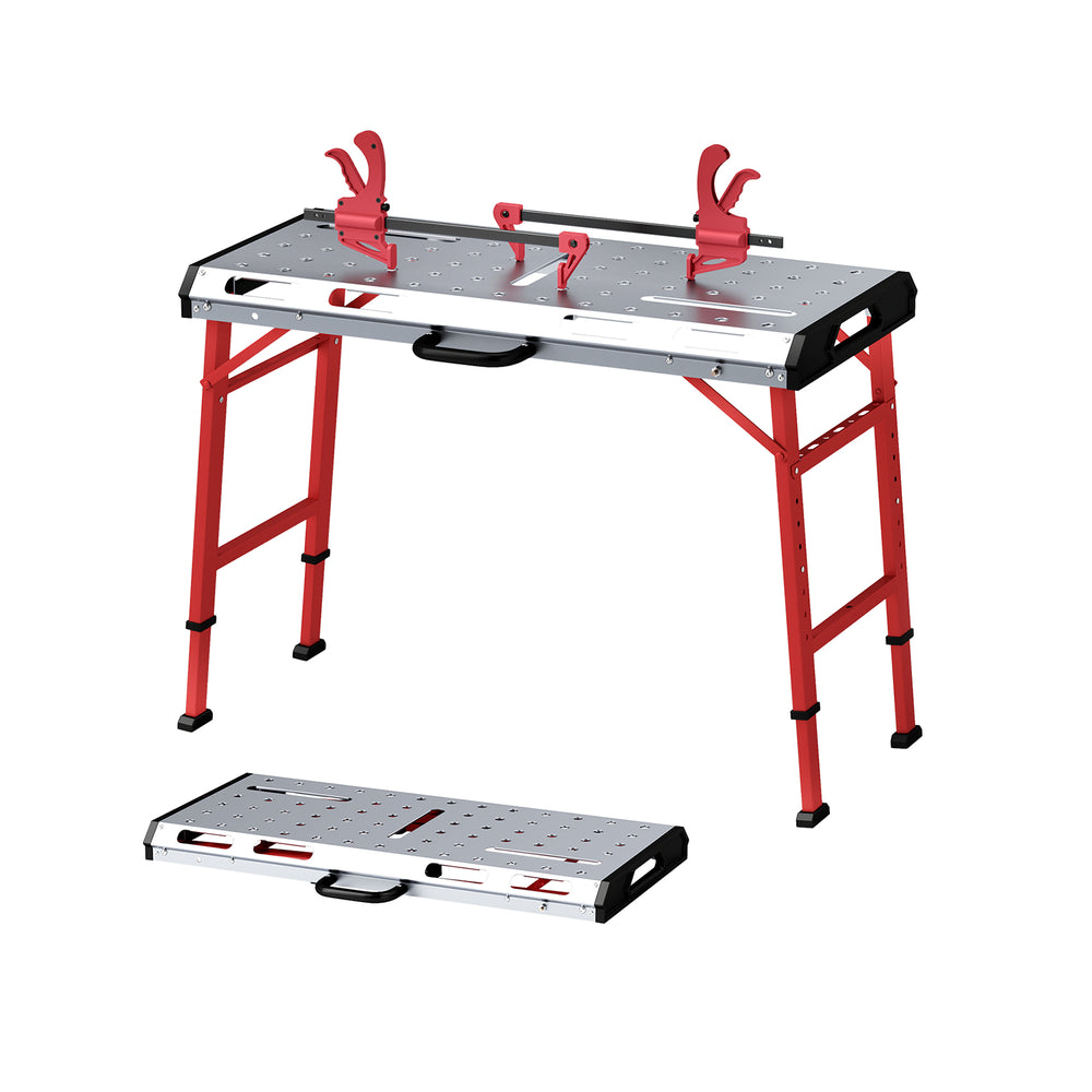 Welding table with adjustable height, 42" x 21" galvanized metal top, and two bar clamps for heavy projects.