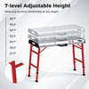 Adjustable height welding table with 42" x 21" galvanized metal top and dimensions marked for convenient height.