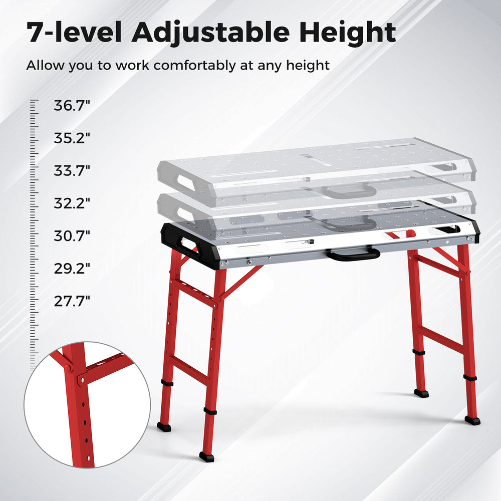 Adjustable height welding table with 42" x 21" galvanized metal top and dimensions marked for convenient height.