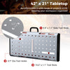Welding table with 42" x 21" galvanized metal top, adjustable height, and side tool slots for organized workspace.