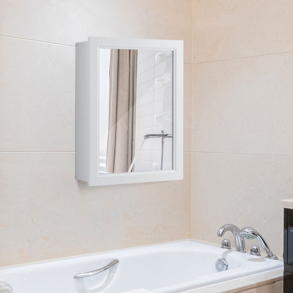 Wall mounted adjustable medicine storage mirror cabinet in gray, featuring a sleek design and two-tier storage for.