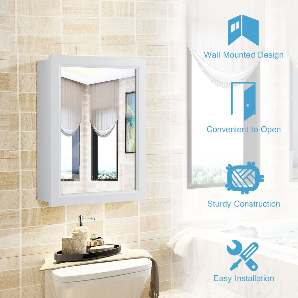 Wall mounted adjustable medicine storage mirror cabinet in gray, featuring a sturdy design and convenient shelves for.