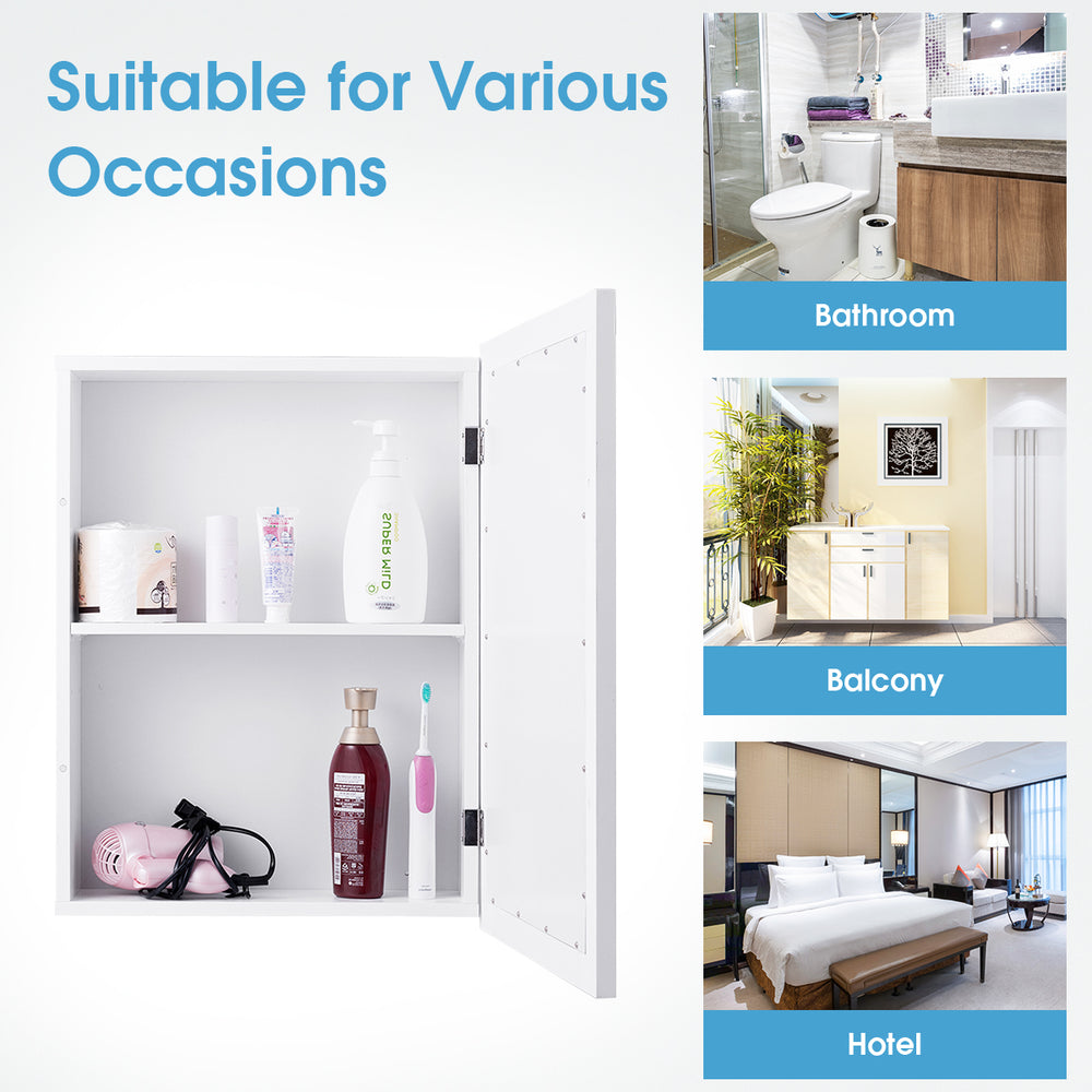 Wall mounted adjustable medicine storage mirror cabinet in gray, featuring two shelves for organized bathroom.