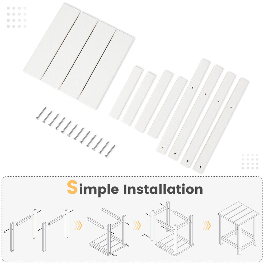 Assembly components for the 14-inch white Adirondack side table, featuring weather-resistant HDPE material and.