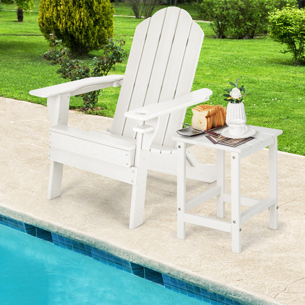 White weather-resistant Adirondack side table with slatted top, perfect for outdoor use by the poolside.