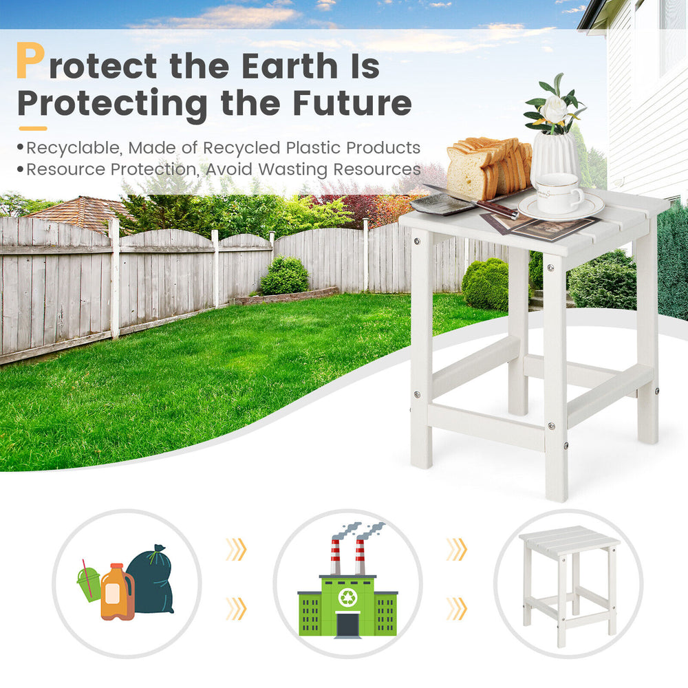 Square white Adirondack side table made of recyclable HDPE, weather-resistant for outdoor use and easy to clean.