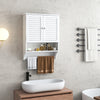 White wall-mounted medicine cabinet with louvered doors, adjustable shelves, and bottom towel bar for bathroom storage.
