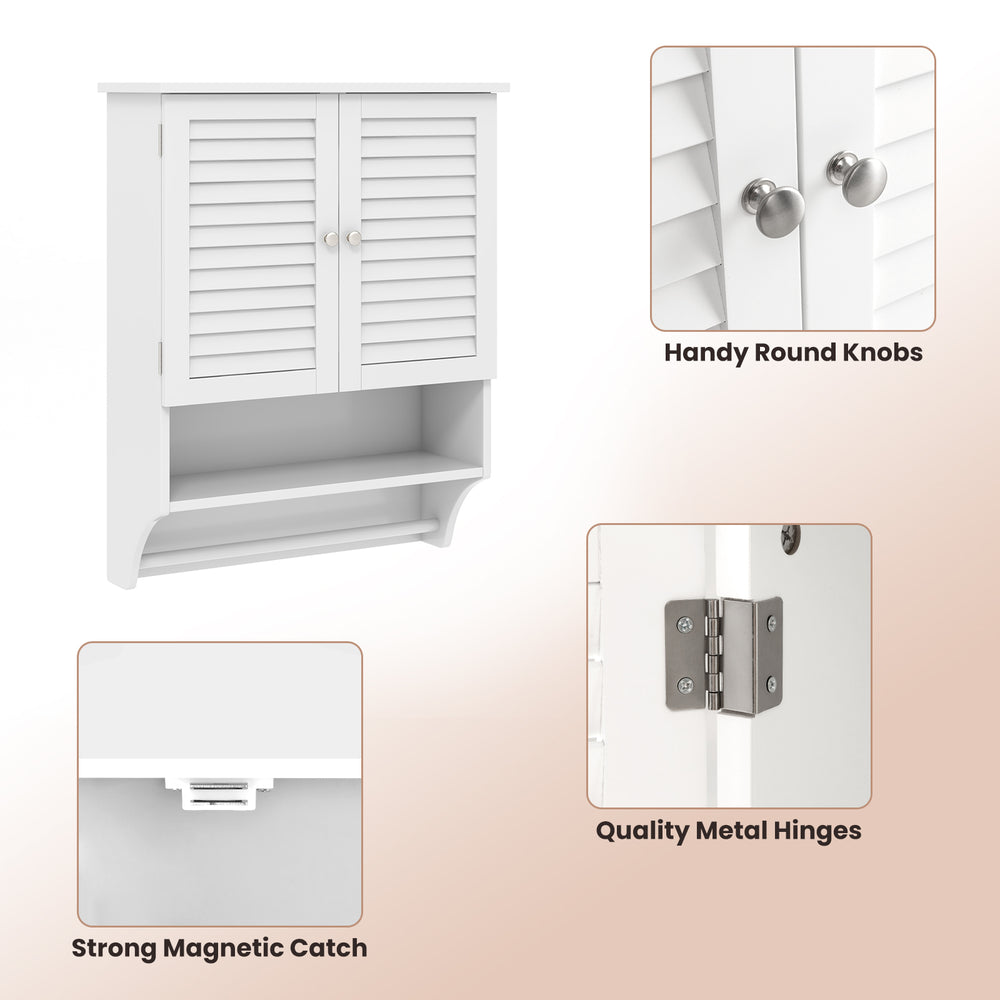 White 2-doors wall-mounted medicine cabinet with towel bar, featuring louvered doors and adjustable shelves for.