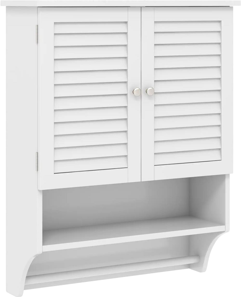 White wall-mounted medicine cabinet with louvered doors, adjustable shelves, and bottom towel bar for efficient.
