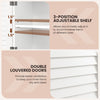Adjustable shelf and louvered doors of the white wall-mounted medicine cabinet for efficient bathroom storage.