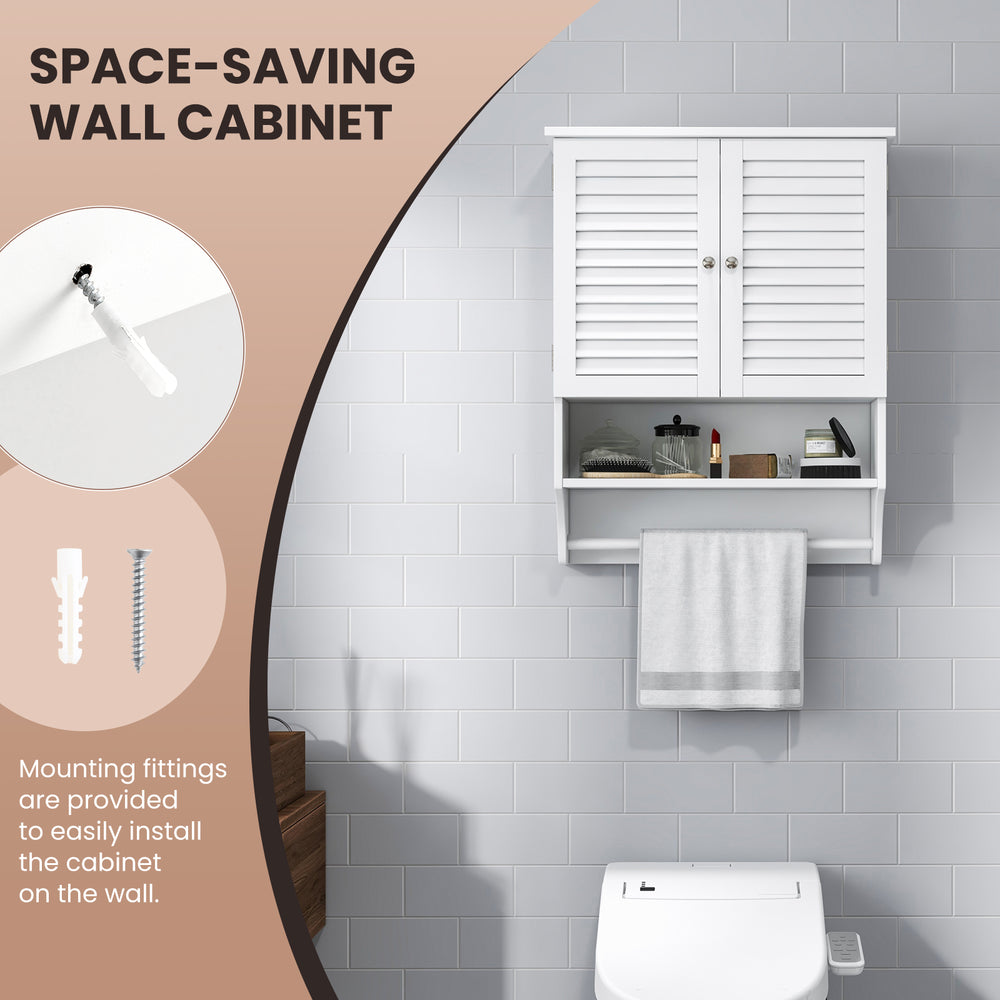 White wall-mounted bathroom cabinet with louvered doors, adjustable shelves, and towel bar for space-saving storage.