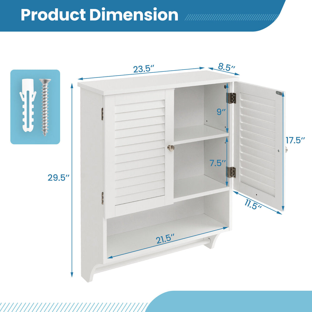 White 2-doors wall-mounted medicine cabinet with adjustable shelves and towel bar, ideal for bathroom storage.