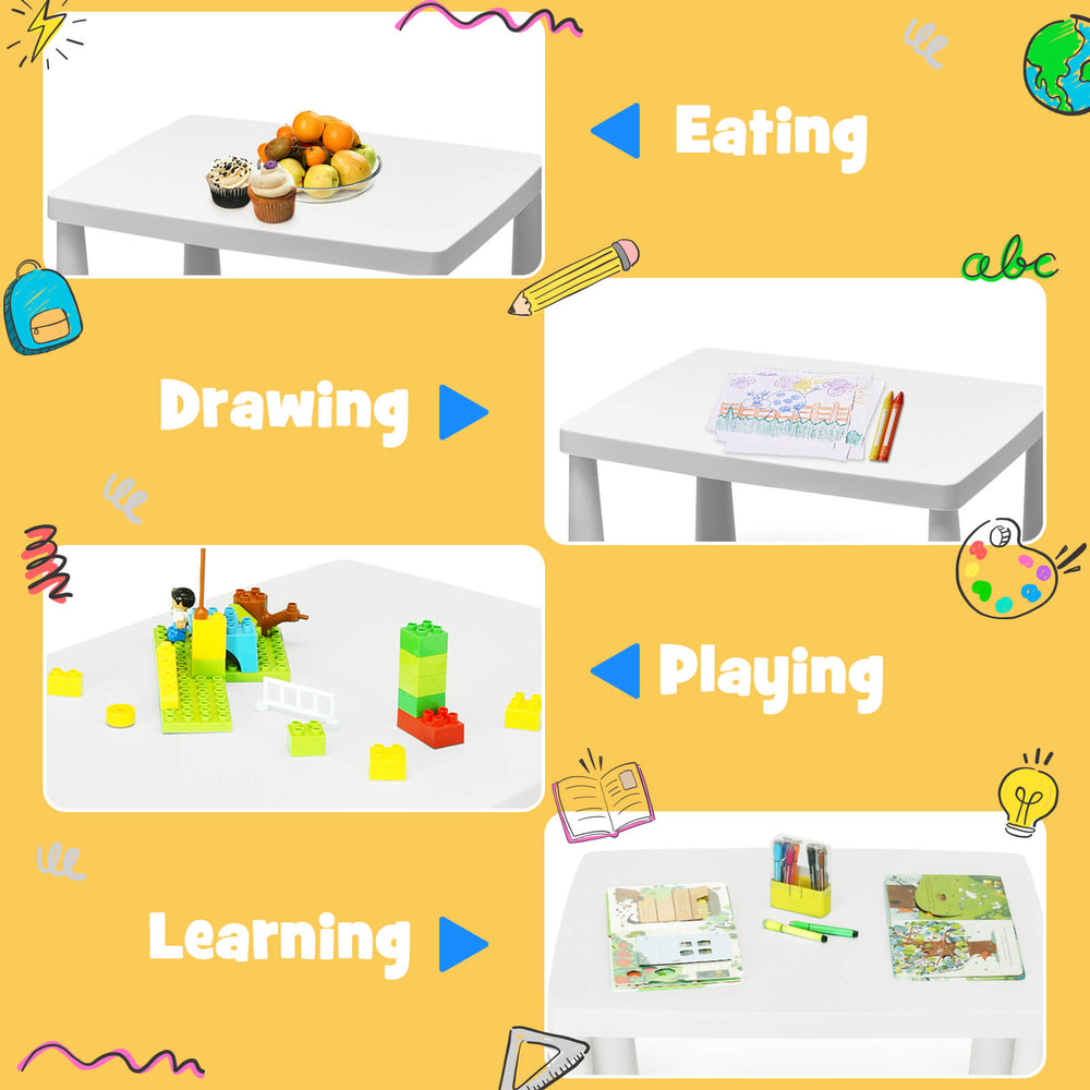Multifunctional kids' table and chair set in white for eating, drawing, and playing, designed for ages 1-7.