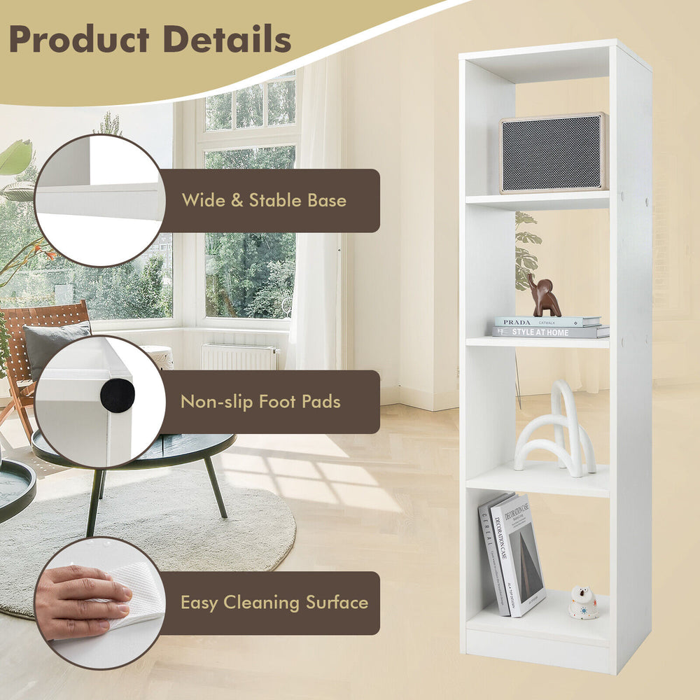 Narrow 5-tier bookshelf in white with 4 open cubes, anti-tipping kits, and easy-to-clean surface for small spaces.