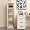 Narrow 5-tier white bookshelf with 4 open cubes, anti-tipping kits, ideal for small room storage and display.