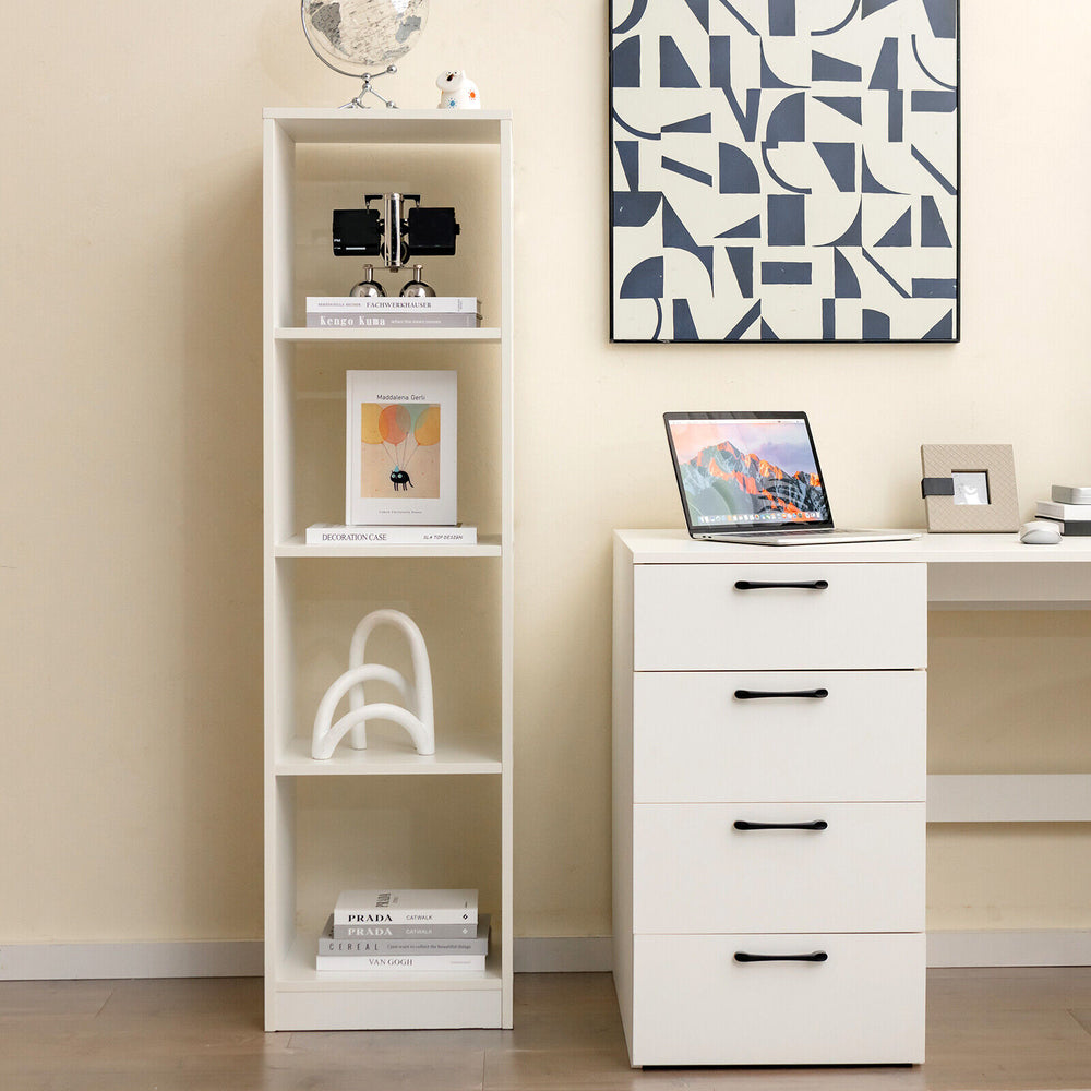 Narrow 5-tier white bookshelf with 4 open cubes, anti-tipping kits, ideal for small room storage and display.