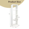 Narrow 5-tier bookshelf in white, measuring 56" tall, with 4 open cubes and anti-tipping kits for stability.
