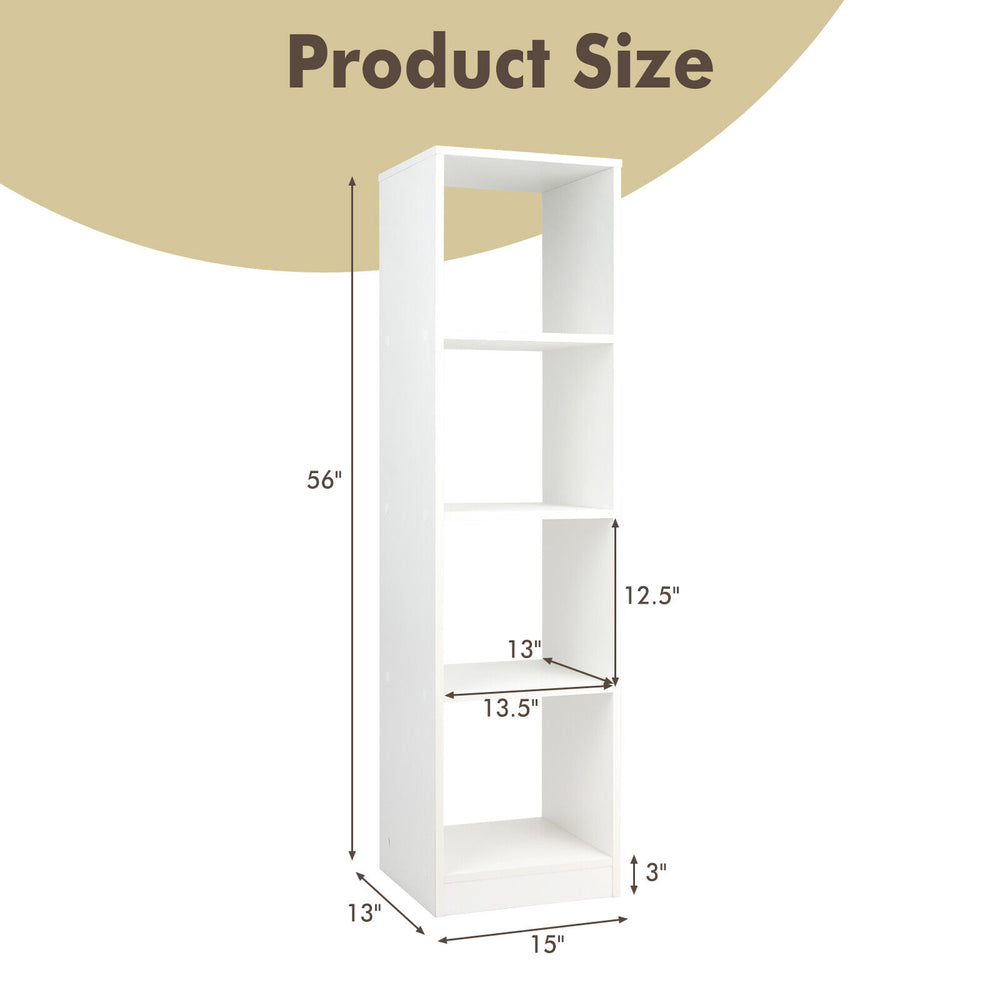 Narrow 5-tier bookshelf in white, measuring 56" tall, with 4 open cubes and anti-tipping kits for stability.