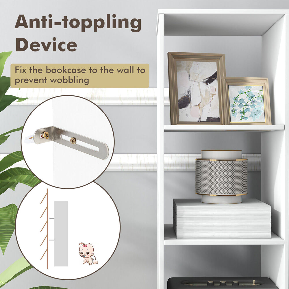 Narrow 5-tier white bookshelf with 4 open cubes and anti-toppling device for stability in small spaces.