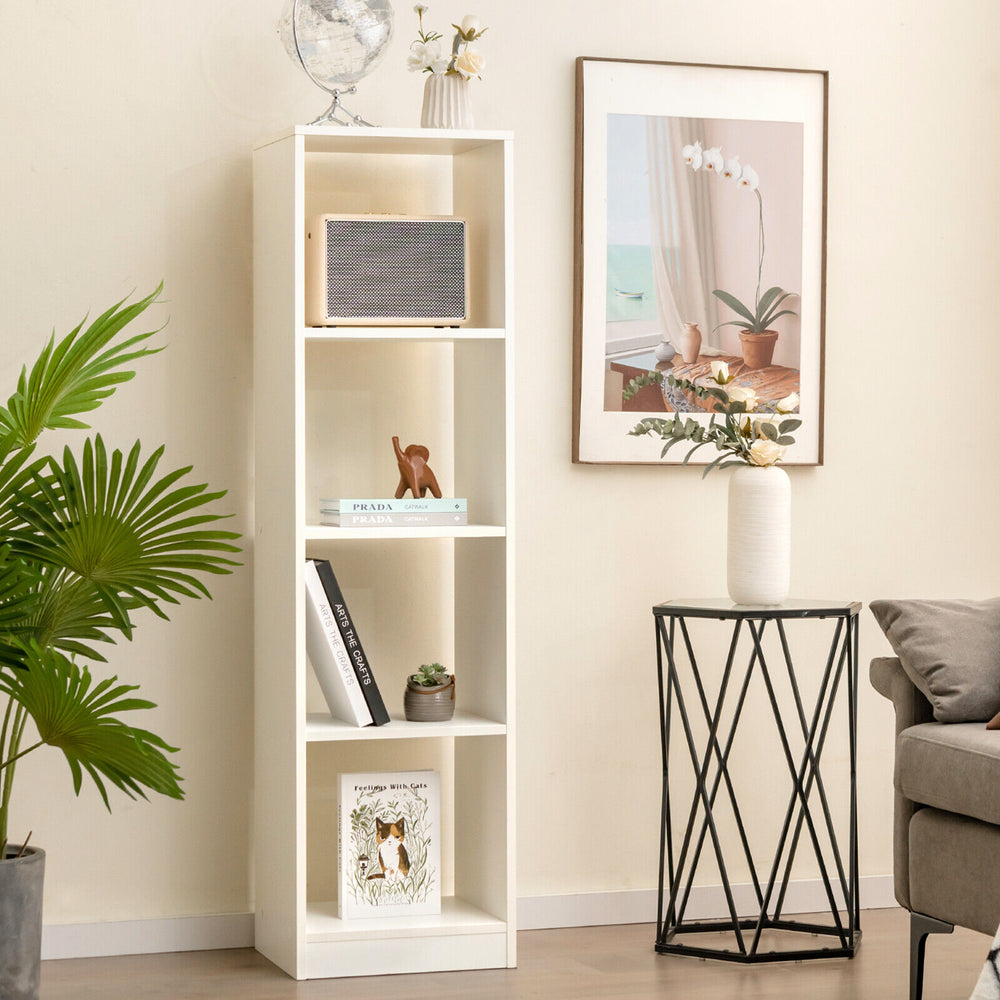 Narrow 5-tier bookshelf in white with 4 open cubes, designed for small spaces and equipped with anti-tipping kits.