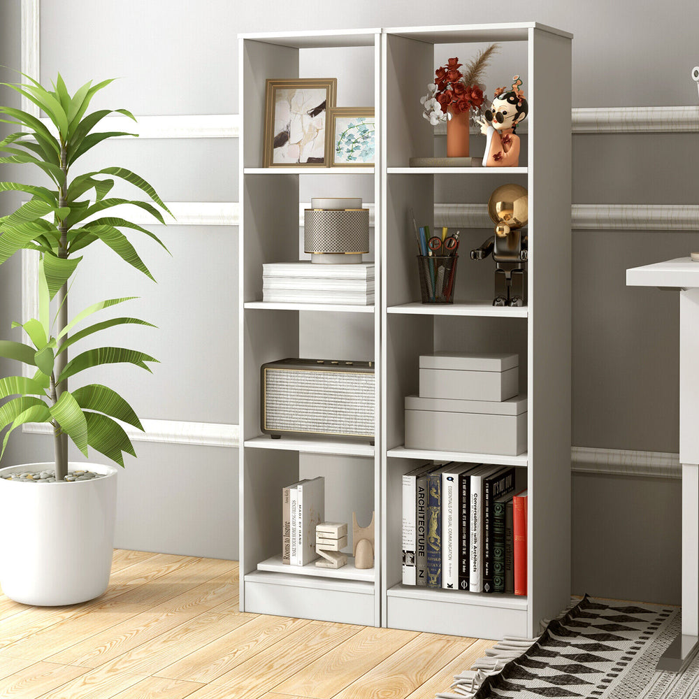 Slim 5-tier bookshelf in white showcasing 4 open cubes, designed for efficient storage in tight spaces.