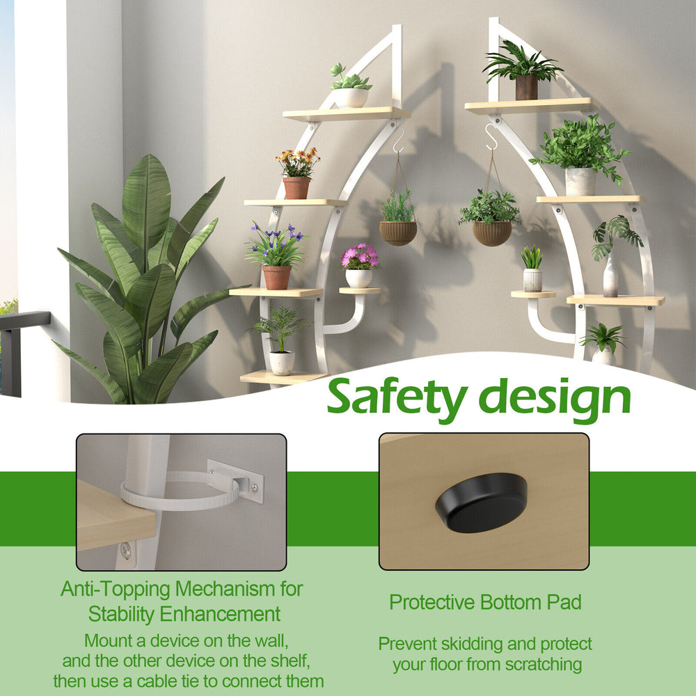 6-tier white metal plant stand with potted plants, featuring anti-toppling design and protective bottom pads for.