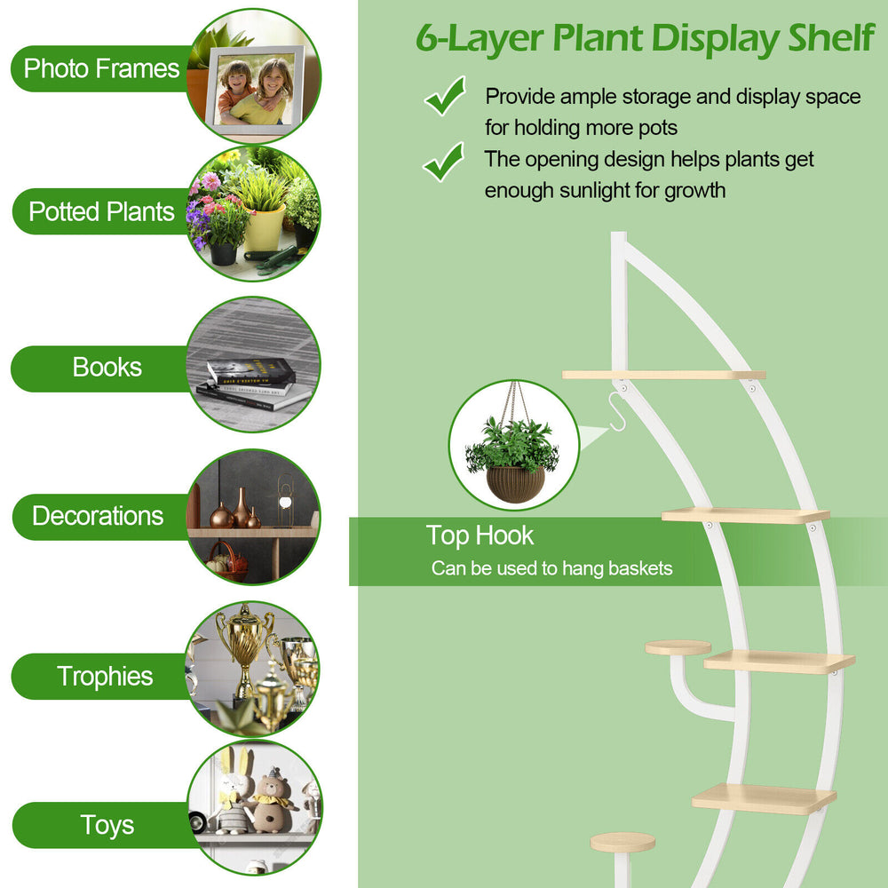 6-tier white metal plant display shelf with top hook, ideal for showcasing potted plants and decorations in any home.