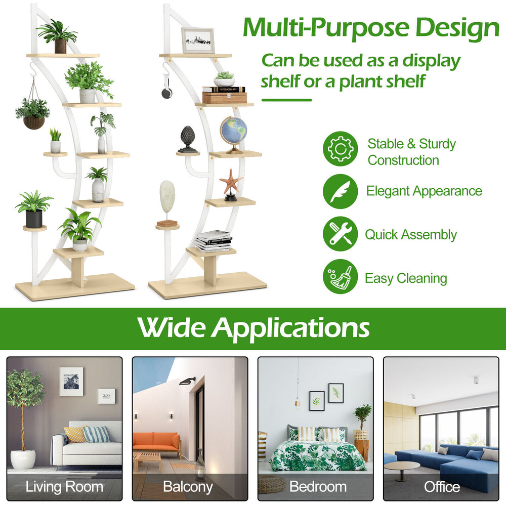 6-tier white metal plant stand with hooks, perfect for displaying potted plants in living rooms, balconies, or offices.