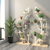 6-tier white metal plant stand with a unique curved shape, featuring multiple shelves for displaying various potted.