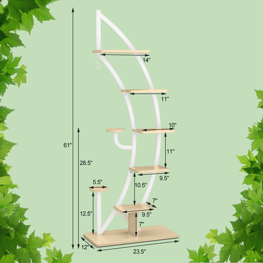 6-tier metal plant stand holder in white with potted plants, featuring a hook and anti-slip feet for stability.