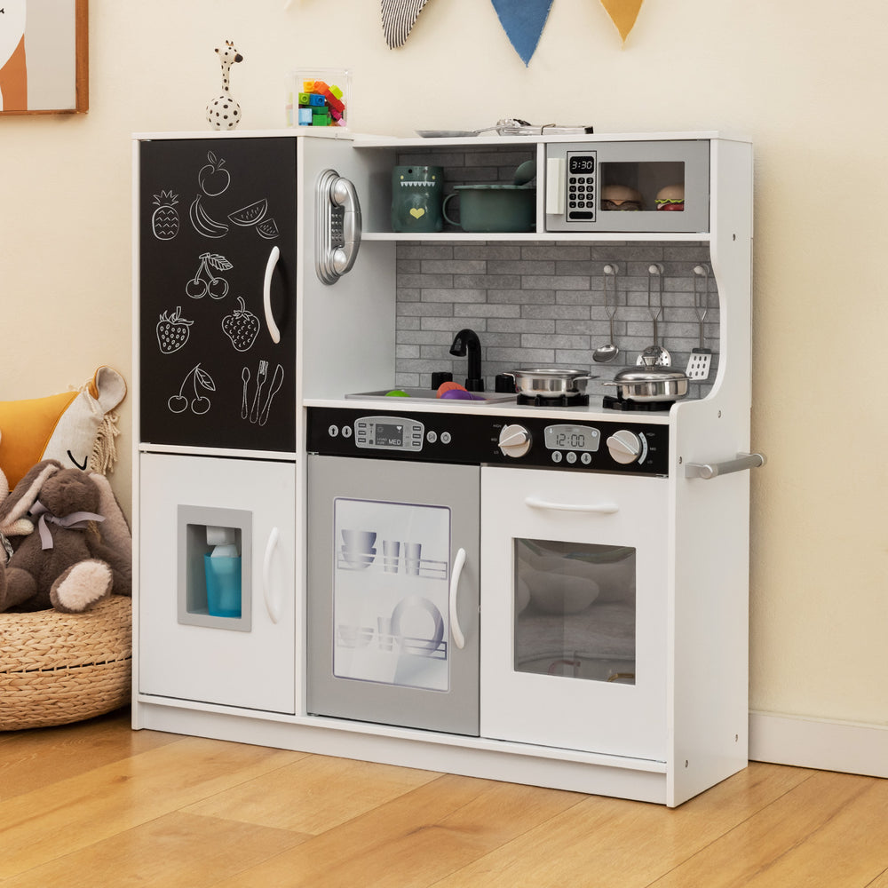 Toddler pretend play kitchen in white with removable sink, stove, and blackboard for imaginative play for ages 3-6.