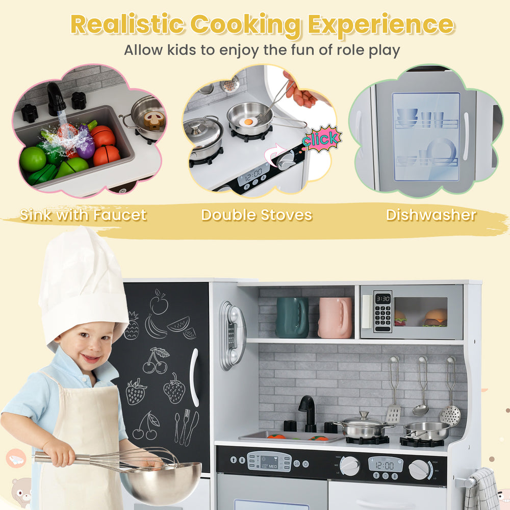 Toddler pretend play kitchen in white featuring double stoves, removable sink, and realistic accessories for.