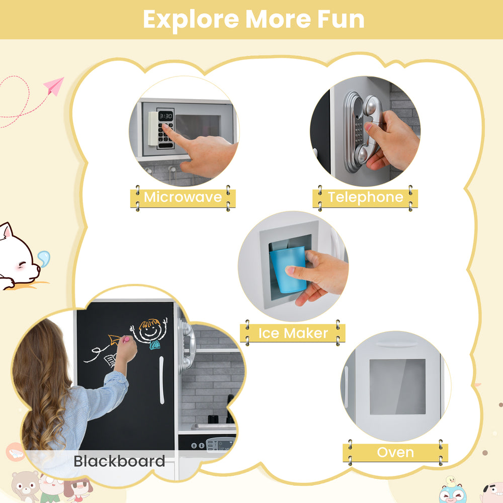 Toddler pretend play kitchen features a blackboard, microwave, and ice maker, promoting creativity and social skills.